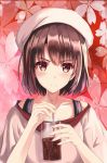  brown_eyes brown_hair collarbone cup drinking_straw frown hat holding holding_cup katou_megumi looking_at_viewer saenai_heroine_no_sodatekata short_hair solo sylnice upper_body white_hat 