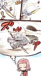  blade cannon closed_eyes crusader_(tank) cup girls_und_panzer ground_vehicle highres imagining ishiyumi military military_vehicle motor_vehicle red_hair rosehip solo st._gloriana's_school_uniform tank teacup turret zoids 