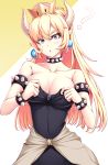  ? adjusting_clothes arata bare_shoulders black_dress blonde_hair blue_earrings blue_pupils blush bowsette bracelet breasts brooch cleavage collar collarbone commentary_request cowboy_shot crown dress gradient_eyes hair_between_eyes head_tilt highres horns jewelry large_breasts light_blue_eyes long_hair looking_at_viewer mario_(series) multicolored multicolored_eyes new_super_mario_bros._u_deluxe parted_lips pointy_ears purple_eyes shiny shiny_clothes shiny_hair shiny_skin sidelocks slit_pupils solo spiked_bracelet spiked_collar spikes strapless strapless_dress super_crown two-tone_background very_long_hair white_background yellow_background 