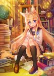  :d animal_ears bangs black_legwear black_sailor_collar blann blonde_hair blue_eyes blue_flower blush book_stack bookshelf brown_footwear cardigan cat_ears celestial_sphere circle_name corsage crossed_bangs cup eyebrows_visible_through_hair flower g41_(girls_frontline) girls_frontline hair_between_eyes hair_ornament highres holding holding_cup indoors jar kneehighs knees_up ladder library loafers long_hair long_sleeves looking_at_viewer miniskirt mug open_mouth paper_roll papers pleated_skirt sailor_collar school_uniform serafuku shoes sitting sitting_on_floor skirt smile solo twintails very_long_hair window 