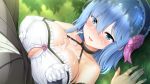  1girl bare_shoulders blue_eyes blue_hair blush breast_squeeze breasts censored cleavage cum cum_on_body cum_on_breasts cum_on_upper_body ejaculation facial flower from_above game_cg grass hair_flower hair_ornament hands_on_own_chest highres irene_(paizuri_fiancee) large_breasts lying maid maid_headdress matching_hair/eyes mosaic_censoring original outdoors paizuri paizuri_fiancee parted_lips penis short_hair smile solo_focus uni8 upper_body 