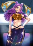  alternate_costume blush breasts cleavage commentary hand_on_hip highres idol jacket k/da_(league_of_legends) k/da_kai'sa kai'sa league_of_legends lipstick long_hair looking_at_viewer makeup medium_breasts midriff nail_polish navel niu pants purple_eyes purple_hair purple_nails smile solo standing 