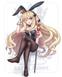  animal_ears azur_lane bangs black_neckwear blonde_hair blue_eyes blunt_bangs bow bowtie breasts brown_legwear bunny_ears bunnysuit chestnut_mouth cleavage crossed_legs crown detached_collar eyebrows_visible_through_hair full_body hair_ribbon hand_behind_head highres kuronekozero long_hair looking_at_viewer medium_breasts no_shoes one_eye_closed pantyhose queen_elizabeth_(azur_lane) ribbon scepter sitting solo sweatdrop very_long_hair wrist_cuffs 