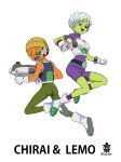  1boy 1girl alien armor artist_name artist_request boots breastplate breasts character_request chirai dragon_ball dragon_ball_super female gloves green_skin gun happy holding holding_weapon jumping looking_at_viewer looking_back no_humans orange_skin purple_eyes short_hair simple_background smile weapon white_hair yellow_eyes 