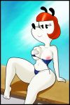  anthro bikini breasts canine cleavage clothed clothing dog erica female hair mammal mickey_mouse_shorts nipples one_breast_out red_hair sirredbenjamin smile solo swimsuit 