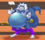  2018 4_toes 5_fingers abs anthro balls belly belly_expansion belly_inflation biceps blue_fur blue_hair blue_nose blue_skin blush canine claws clothed clothing concerned darkstalkers dialogue digitigrade english_text eyebrows fur gloves_(marking) hair hungothenomster inflation jon_talbain male mammal mane markings mostly_nude multicolored_fur multicolored_hair multicolored_skin muscular muscular_male muscular_thighs nipples pecs sharp_teeth simple_background socks_(marking) solo speech_bubble standing teeth text toes topless two_tone_fur two_tone_hair two_tone_skin underwear video_games were werewolf white_fur white_hair white_skin 