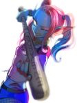  baseball_bat breasts cosplay harley_quinn harley_quinn_(cosplay) highres jacket long_hair looking_at_viewer makeup multicolored_hair noaharbre protected_link shirt shorts smile solo suicide_squad teeth twintails undertale undyne yellow_sclera 