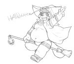  bear_2key broom bulge clothing eye_patch eyewear line_art magic_user male mammal overweight overweight_male procyonid raccoon smile solo underwear witch 