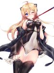  ahoge bangs bdsm black_coat black_legwear blonde_hair blue_eyes blush bound breasts cameltoe cleavage clenched_hand coat collar commentary covered_navel eyebrows_visible_through_hair fingernails frills frown girls_frontline hair_ornament hand_on_own_chest highres impossible_clothes k5_(girls_frontline) large_breasts leash long_fingernails long_hair looking_at_viewer nail_polish off_shoulder one_eye_closed open_clothes open_coat signature simple_background solo taut_clothes thigh_gap thighhighs thighs white_background xes_(xes_5377) 