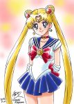  1girl 2018 arms_behind_back bishoujo_senshi_sailor_moon blonde_hair blue_eyes bow choker dated double_bun earrings elbow_gloves gloves highres jewelry kagawa_hisashi long_hair magical_girl red_bow sailor_moon school_uniform serafuku signature smile solo tagme tiara tsukino_usagi twintails 