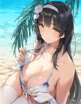  alternate_costume bangs beach bikini black_hair blush breasts cleavage closed_mouth collarbone commentary_request day eyebrows_visible_through_hair flower girls_frontline gloves hair_flower hair_ornament hairband highres large_breasts long_hair looking_at_viewer loose_bikini ocean outdoors palm_leaf qbz-95_(girls_frontline) sand shade sitting skindentation smile solo stomach swimsuit thighhighs thighs very_long_hair wet white_bikini white_gloves white_hairband white_legwear xie_yizhen yellow_eyes 