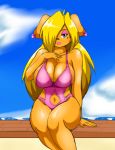  anthro beach beauty_mark bikini breasts cleavage clothed clothing ear_piercing female fully_clothed lagomorph lipstick makeup mammal navel piercing rabbit rar1990 seaside sitting solo speeds swimsuit 