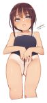  bangs bare_arms bare_shoulders between_labia black_swimsuit blue_eyes blush brown_hair commentary_request competition_school_swimsuit cropped_legs dated eyebrows_visible_through_hair from_below groin head_tilt looking_at_viewer looking_down maze_(gochama_ze_gohan) nose_blush one-piece_swimsuit one-piece_tan open_mouth original partially_visible_vulva round_teeth shiny shiny_skin sidelocks signature simple_background solo standing swimsuit tan tanline teeth upper_teeth wedgie white_background 