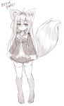  absurdres ahoge animal_ear_fluff animal_ears bangs blush breasts closed_mouth collarbone commentary_request dress eyebrows_visible_through_hair flower_knot fox_ears fox_girl fox_tail full_body greyscale hair_between_eyes highres korean long_hair long_sleeves looking_at_viewer monochrome original ping_myu_ring_(tandohark) pleated_dress sailor_dress shoes sidelocks sleeves_past_fingers sleeves_past_wrists small_breasts solo tail tail_raised tandohark thighhighs translation_request very_long_hair 
