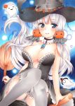  :d azur_lane bangs bare_shoulders black_hat blush breasts broom broom_riding cleavage detached_collar eyebrows_visible_through_hair food_themed_hair_ornament ghost grey_legwear grey_panties hair_ornament halloween halloween_costume hat highres illustrious_(azur_lane) knees_together_feet_apart large_breasts long_hair looking_at_viewer marker_(medium) mole mole_on_breast mole_under_eye open_mouth panties pantyshot pantyshot_(sitting) pumpkin_hair_ornament sidesaddle sitting smile solo teeth thighhighs traditional_media tri_tails underwear witch_hat yoruoujito-tsukinohime 