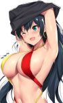  ;d aqua_eyes armpits arms_up bangs black_hair blush breasts criss-cross_halter dated earrings eyebrows_visible_through_hair fang ganaha_hibiki halterneck highres hoop_earrings idolmaster idolmaster_(classic) jewelry large_breasts long_hair navel one_eye_closed open_mouth shiny shiny_hair shiny_skin smile solo swimsuit tony_guisado undressing upper_body 