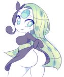  2018 anthro anthrofied big_butt blush breasts butt clothed clothing clothing_lift digital_media_(artwork) female green_eyes green_hair hair hi_res humanoid legendary_pok&eacute;mon long_hair looking_back meloetta meloetta_(aria_form) napdust nintendo pok&eacute;mon pok&eacute;mon_(species) presenting simple_background smile solo standing teasing thick_thighs video_games 