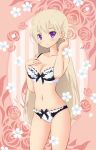  blonde_hair blush bow bow_bra bow_panties bra breasts cleavage closed_mouth collarbone cowboy_shot floral_background floral_print hand_in_hair hand_on_own_chest lace lace-trimmed_bra lace-trimmed_panties light_frown long_hair looking_at_viewer navel official_art panties petals pink_background purple_eyes solo soulgirl standing striped striped_background thighs underwear underwear_only vertical-striped_background vertical_stripes white_bra white_panties 