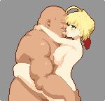  1girl ahoge blonde_hair braid breasts commentary_request crown_braid fat fat_man fate/extra fate_(series) french_kiss grey_background hair_bun hetero huge_breasts kiss kunabishi leg_lock lowres nero_claudius_(fate) nero_claudius_(fate)_(all) nipples nude pixel_art sex short_hair simple_background suspended_congress ugly_man 