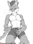  2018 4_fingers black_nose blush boxer_briefs bulge canine chest_tuft clothing erection erection_under_clothes eyes_closed eyewear hair hi_res inner_ear_fluff kneeling male mammal monochrome navel open_mouth patreon short_hair simple_background solo tongue tongue_out tuft underwear white_background winick-lim wolf 