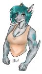  anthro breasts cleavage clothed clothing ear_piercing female fish haibet half-length_portrait looking_at_viewer marine muscular piercing portrait shark shirt simple_background smile solo tank_top traditional_media_(artwork) 