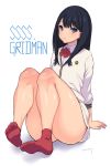  amamiya_(abaros) ass bangs black_hair blue_eyes cardigan commentary_request eyebrows_visible_through_hair feet highres knees_up long_hair long_sleeves looking_at_viewer no_panties no_shoes pink_footwear school_uniform shiny shiny_hair shiny_skin shirt sitting socks solo ssss.gridman takarada_rikka thick_thighs thighs white_background white_shirt 