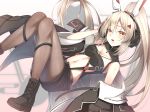  :d absurdres ayanami_(azur_lane) azur_lane black_legwear boots breasts cable cleavage commentary_request hair_ornament hairclip headgear headphones highres long_hair looking_at_viewer lying navel open_mouth orange_eyes pantyhose ponytail remodel_(azur_lane) shorts silver_hair smile solo yamanokami_eaka 