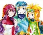  blonde_hair closed_mouth commentary_request dragon_quest dragon_quest_ii dress long_hair looking_at_viewer multiple_boys prince_of_lorasia prince_of_samantoria princess_of_moonbrook robe shimi_(egi) short_hair traditional_media watercolor_(medium) white_background 