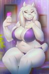 2018 anthro big_breasts bikini boss_monster breasts caprine cleavage clothed clothing eyewear female fur glasses goat half-closed_eyes horn mammal mature_female miles_df overweight phone red_eyes solo swimsuit thick_thighs toriel undertale video_games voluptuous white_fur wide_hips 