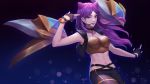  alternate_costume breasts cleavage commentary highres idol jacket k/da_(league_of_legends) k/da_kai'sa kai'sa kezi league_of_legends lipstick long_hair looking_at_viewer makeup medium_breasts midriff navel parted_lips purple_eyes purple_hair smile solo standing 