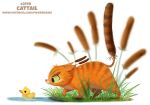  2018 avian beak biped bird cat cattail cryptid-creations cute duck duo ears_back feathers feline feral flora_fauna fur grass green_eyes humor mammal orange_fur paws pink_nose plant pun quadruped raised_tail signature simple_background smile standing striped_fur stripes swimming text url visual_pun water white_background yellow_feathers 