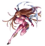  absurdres aoi_nagisa_(metalder) arm_guards armor bangs blue_eyes bodysuit breasts brown_hair covered_navel fishnets full_body gloves high_heels highres impossible_bodysuit impossible_clothes koukawa_asuka large_breasts leg_up lilith-soft long_hair looking_at_viewer official_art pink_bodysuit shiny shiny_clothes shiny_hair shiny_skin sidelocks skin_tight smile solo taimanin_(series) taimanin_asagi thighhighs very_long_hair weapon white_background 