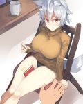  1girl alternate_costume animal_ear_fluff animal_ears arm_support bangs bare_legs between_legs black_panties blush book breasts brown_shirt chair commentary_request cup eyebrows_visible_through_hair feet_out_of_frame from_above hair_between_eyes inubashiri_momiji kasuka_(kusuki) large_breasts long_sleeves looking_at_viewer mug no_pants panties pov red_eyes shadow shirt short_hair silver_hair simple_background sitting smile solo_focus tail thighs touhou turtleneck underwear white_background windowsill wolf_ears wolf_tail 