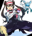  black_bodysuit blue_eyes bodysuit bodysuit_under_clothes bow breasts brown_hair cameltoe commentary covered_navel double_bun gen_4_pokemon glaceon long_hair looking_at_viewer mei_(pokemon) open_mouth pink_bow pokemon pokemon_(creature) pokemon_(game) pokemon_bw2 raglan_sleeves shoes short_shorts shorts skin_tight smile solo spread_legs squatting twintails very_long_hair visor_cap yellow_shorts yuya 