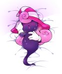 1girl bed_sheet blush breath dakimakura female from_above full_body ghost ghost_tail gloves hair_over_eyes hand_on_own_chest hand_on_own_face hat highres long_hair lying no_humans nose_blush on_back open_mouth paper_mario paper_mario:_the_thousand_year_door pink_hair pink_hat purple_skin shiny shiny_hair shiny_skin solo striped_hat suzumusi114 sweat vivian_(paper_mario) white_background white_gloves witch_hat 