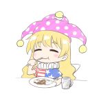  :t ^_^ american_flag_dress bangs blonde_hair blue_dress blush chibi closed_eyes clownpiece commentary_request cup curry curry_rice dress eyebrows_visible_through_hair food hand_up hat holding holding_plate holding_spoon jester_cap long_hair neck_ruff nibi pink_hat plate polka_dot_hat red_dress rice short_sleeves simple_background smile solo spoon star star_print striped striped_dress touhou upper_body white_background white_dress 