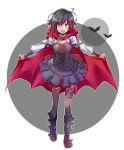  batwoman belt_boots black_footwear black_hair black_legwear boots cape cloak commentary cross-laced_footwear dc_comics dress frilled_dress frills gradient_hair highres hood hooded_cloak iesupa knee_boots long_sleeves multicolored_hair red_cape red_hair ruby_rose rwby short_hair silver_eyes solo two-tone_hair 