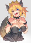  bare_shoulders black_dress blonde_hair blue_eyes blush bowsette bracelet breasts cleavage collar collarbone crown dress earrings eyebrows_visible_through_hair hands_on_own_chest highres horns jewelry large_breasts looking_at_viewer mario_(series) new_super_mario_bros._u_deluxe open_mouth short_hair short_ponytail smile solo spiked_bracelet spiked_collar spikes super_crown teeth tgh326 tongue tongue_out upper_body 