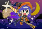 artist_name belt black_gloves blue_hair broom broom_riding chibi commentary_request crescent_moon detached_sleeves fingerless_gloves fire_emblem fire_emblem:_souen_no_kiseki fire_emblem_heroes flyer_27 gloves green_eyes halloween_costume hat headband long_hair moon open_mouth solo wayu_(fire_emblem) white_headband witch_hat 