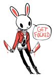  ambiguous_gender black_eyes blood clothing cover_art english_text fur jacket jeans knife lagomorph low_res mammal neutral_expression no-oh-no pants profanity rabbit shirt simple_background solo speech_bubble t-shirt text trash_bunny tricolor vicious_emulsion weapon white_fur 