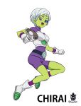  1girl alien armor artist_name artist_request boots breastplate breasts chirai dragon_ball dragon_ball_super female gloves green_skin gun happy jumping looking_at_viewer purple_eyes short_hair smile solo weapon white_hair 