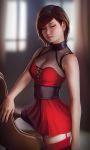  1girl bare_shoulders breasts brown_hair cleavage dress eyes_closed hoo_bamon medium_breasts parted_lips red_hair ruby_rose rwby short_hair solo standing 
