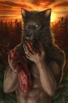  anthro aurru blood canine claws fangs forest holding_object licking licking_blood looking_down male mammal meat neck_tuft nude open_mouth outside sky solo standing sunset tongue tongue_out tree tuft were werewolf yellow_eyes 