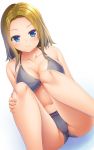  bad_id bad_pixiv_id bangs bikini blonde_hair blue_eyes blush breasts cleavage closed_mouth collarbone commentary dutch_angle frilled_bikini frills grey_background hand_on_own_leg highres invisible_chair legs looking_at_viewer medium_breasts medium_hair noshimasa original sitting smile solo swimsuit white_background 