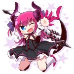  ;d asymmetrical_horns bangs black_dress blue_eyes blush boots chibi commentary_request curled_horns detached_sleeves dragon_girl dragon_horns dragon_tail dress elizabeth_bathory_(fate) elizabeth_bathory_(fate)_(all) eyebrows_visible_through_hair fang fate/extra fate/extra_ccc fate_(series) full_body hair_between_eyes hair_ribbon head_tilt heart highres horns knee_boots long_hair long_sleeves looking_at_viewer naga_u one_eye_closed open_mouth outstretched_arm pointy_ears purple_ribbon ribbon sarkany_csont_landzsa shadow smile solo spiked_boots spikes star tail tail_raised two_side_up very_long_hair white_background white_footwear 