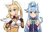  :3 animal_ears aqua_(konosuba) armor artist_name black_gloves black_outline blonde_hair blue_eyes blue_hair blush braid breasts cat_ears cat_tail commentary cowfee darkness_(konosuba) detached_sleeves elbow_gloves english_commentary eyebrows_visible_through_hair gloves hair_between_eyes hair_ornament kemonomimi_mode kono_subarashii_sekai_ni_shukufuku_wo! long_hair looking_at_viewer multiple_girls paw_pose ponytail simple_background smile tail upper_body watermark white_background x_hair_ornament 