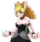  1girl armlet bare_shoulders black_dress black_nails blonde_hair blue_eyes bowsette bracelet breasts choker cleavage collarbone covered_navel crown dress drop_shadow earrings eyebrows_visible_through_hair female fingernails highres horns jewelry looking_at_viewer mario_(series) medium_breasts nail_polish new_super_mario_bros._u_deluxe nintendo pointy_ears ponytail simple_background solo spiked_bracelet spiked_choker spiked_shell spikes strapless strapless_dress super_crown teru_zeta tied_hair turtle_shell white_background 