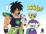  1boy 1girl alien armor artist_name artist_request black_hair breastplate breasts broly chirai dragon_ball dragon_ball_super female gloves green_skin gun happy muscle purple_eyes scar short_hair simple_background smile text_focus upper_body weapon white_hair 