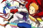  2boys amajiki_tamaki bird_legs black_hair blonde_hair blue_eyes blue_hair bodysuit boku_no_hero_academia breasts cape claws gloves grin hadou_nejire hood long_hair multiple_boys open_mouth red_gloves smile spiked_hair talons tentacles toogata_mirio very_long_hair yukibi_(ykb) 