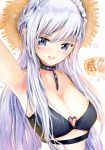  :d arm_behind_back arm_up armpits azur_lane bangs bare_shoulders belfast_(azur_lane) bikini bikini_top black_bikini blue_eyes blue_hair blush breasts broken broken_chain brown_hat chain cleavage collar commentary_request eyebrows_visible_through_hair food frills fruit hat heart_ring heart_ring_top holding holding_food holding_fruit jewelry long_hair looking_at_viewer maid_headdress medium_breasts open_mouth ring signature simple_background smile solo straight_hair straw_hat swimsuit tsunano_(koi_pink) twitter_username upper_body water_drop white_background 